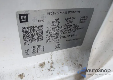 2020 Chevrolet Silverado 1500 2Wd Standard Bed Wt z USA, uszkodzony, nr VIN 1GCPWAEF8LZ275812